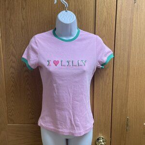Women's "I Love Lilly" Pulitzer Pink Embellished White Label T- Shirt Top - XS